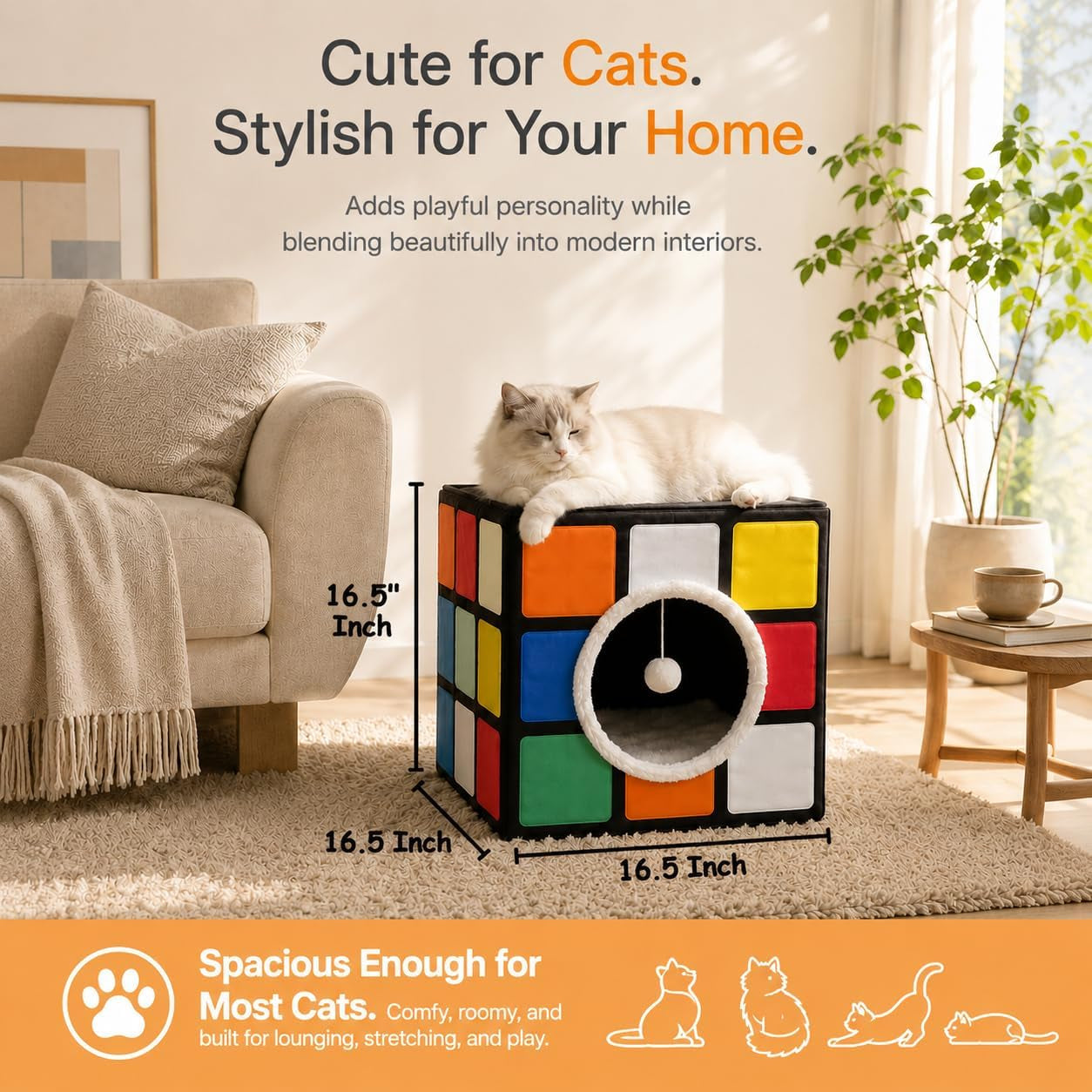 cat-condo-house-with-reversible-cushions-and-fluffy-ball-hanging-foldable-magic-cube-large-cave-bed-for-indoor-cats-unique-puzzle-shape-lagre-16-5-x-16-5-x-16-5