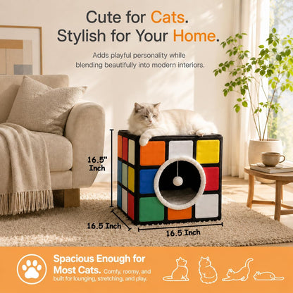 Cat Condo House with Reversible Cushions and Fluffy Ball Hanging, Foldable Magic Cube, Large Cave Bed for Indoor Cats, Unique Puzzle Shape Lagre 16.5“ X 16.5" X 16.5”6