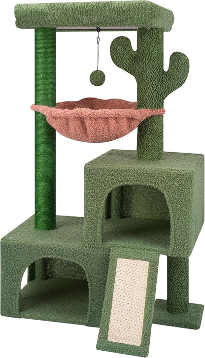 AIWIKIDE 37.4" Cactus Cat Tree Tower with Twin Cat Condos for Indoor Cats, All-In-One Activity Center with Cat Scratching Post Cozy Sleeping Perch Hammock and Toy Balls,Green1