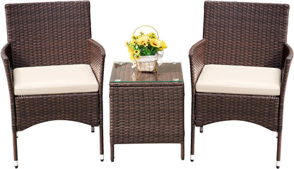 3 Piece Patio Furniture Set Outdoor Wicker Conversation (Brown) | PE Rattan Patio Porch Table and Chairs Set of 2 for Balcony Garden and Yard1