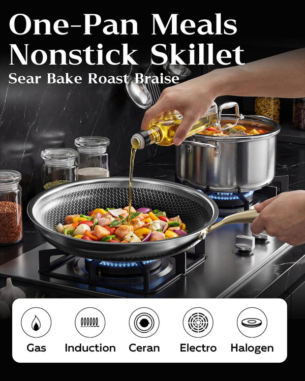 Nonstick Frying Pan with Lid 12-Inch, Durable Stainless Steel Skillet, Induction Cooktop Compatible, Pfoa-Free Scratch-Proof, Dishwasher & Oven Safe, Stay-Cool Handle, Silver Kitchen Cookware4