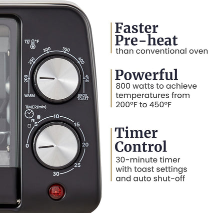 ETO449 Toaster Oven, 9.5Qt/4-Slice, 800W Quartz, Black | Fits 8" Pizza, 200-450F Adjustable Temp, 30-Min Timer - Includes Bake Pan & Rack, Compact Countertop Mini Design4
