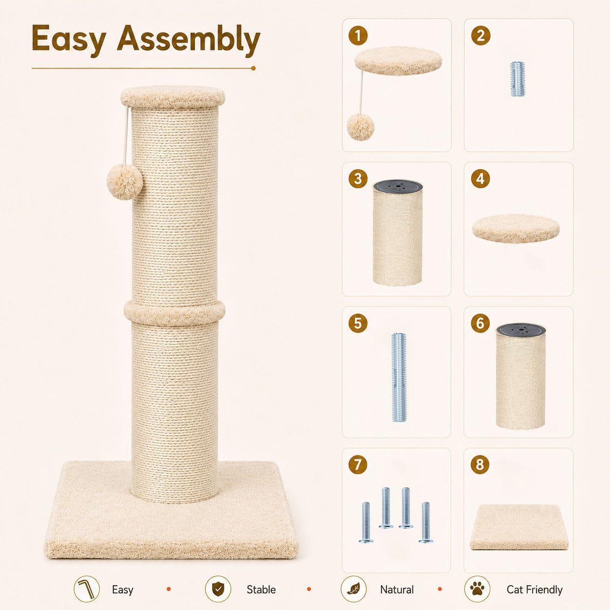pawscrat-32-inch-tall-cat-scratching-post-5-5-inch-diameter-sisal-beige-natural-sisal-scratching-surface-with-a-dangling-ball-for-indoor-cats-scratch-resistant-durable-and-protect-your-furniture