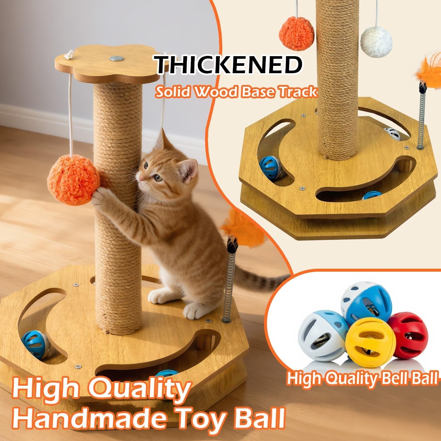 cat-scratching-post-with-vertical-scratcher-and-tracking-interactive-toy-for-kittens-4-in-1-cat-scratcher-toy-with-cat-ball-tracks-16-6-tall-with-interactive-feather