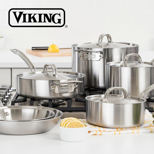 Viking 3-Ply Pots and Pans Set, 13 Piece Stainless Steel Cookware, Glass Lids, Strainer, Silver6