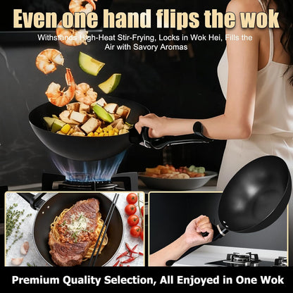 Carbon Steel Wok Pan, Non-Stick Sauté Pan Nitriding Process,13 Inch Woks & Stir-Fry Pans Nonstick with Ergonomic Handle, Cookware, Pots and Pans,Versatile Bottom Chinese Woks for All Stoves6