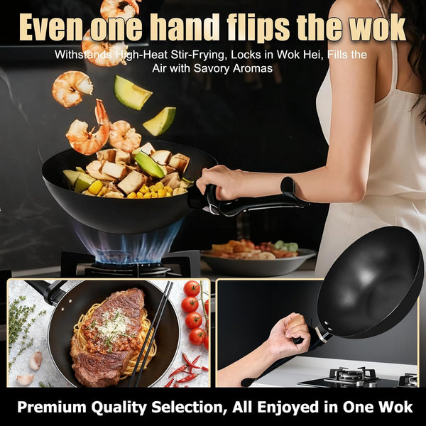 Carbon Steel Wok Pan, Non-Stick Sauté Pan Nitriding Process,13 Inch Woks & Stir-Fry Pans Nonstick with Ergonomic Handle, Cookware, Pots and Pans,Versatile Bottom Chinese Woks for All Stoves6