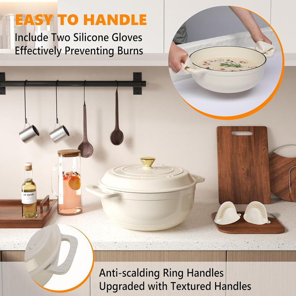7.5QT round Dutch Oven, Enameled Cast Iron Dutch Oven Pot with Lid & Dual Handles, Oven Safe up to 500° F, for Sourdough, Bread Baking, Stews and Roasting, White6