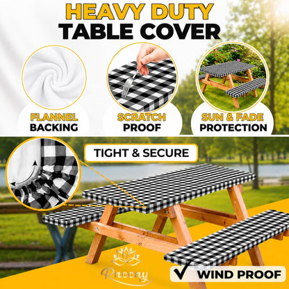 Vinyl Fitted Picnic Table Cover with Bench Covers & Bag 6Ft Black Checkered |  Outdoor Waterproof, Windproof Tablecloth with Elastic Edges. Camping RV Gear Campers Must Have 72X30 Inches3