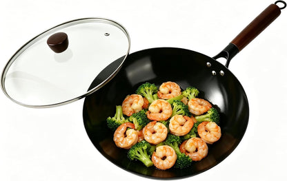 12” Carbon Steel Wok Pan with Lid, Woks & Stir-Fry Pans Nonstick, Pre-Seasoned Flat Bottom Wok for Induction Cooktop, Gas, Electric Stove, Halogen, BBQ & Camping, Open Fire1