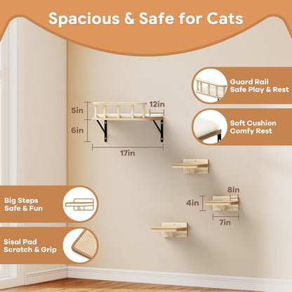 17" × 13" Large Cat Wall Shelves- Wall Climber Wooden Furniture Cat Shelf with Cushion and 3 Wide Perch Steps for Large Cats and Kittens Sleeping, Playing, Climbing4