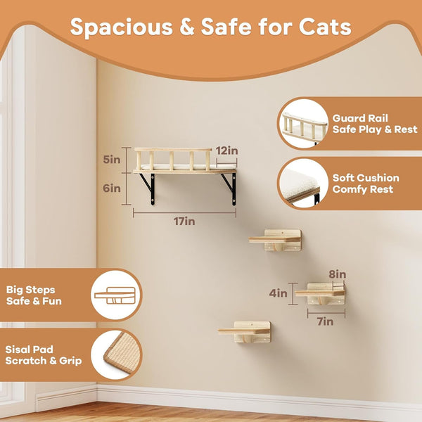 17" × 13" Large Cat Wall Shelves- Wall Climber Wooden Furniture Cat Shelf with Cushion and 3 Wide Perch Steps for Large Cats and Kittens Sleeping, Playing, Climbing4