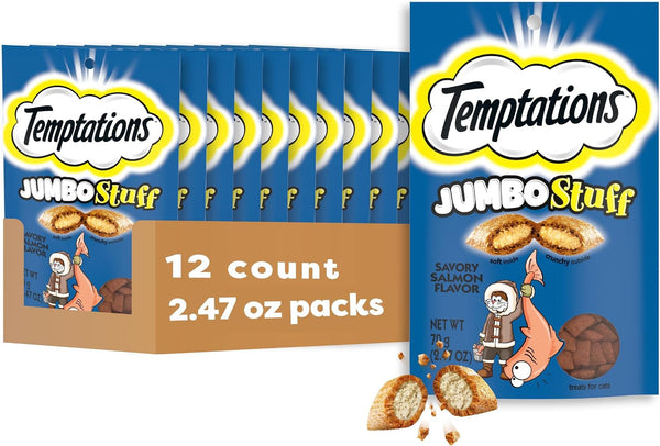Temptations Jumbo Stuff Crunchy & Soft Cat Treats, Salmon, 14 Oz | Bigger than Classic Temptations, Crunchy Outside, Soft Inside, under 2 Calories per Treat, Stay-Fresh Resealable Tub11