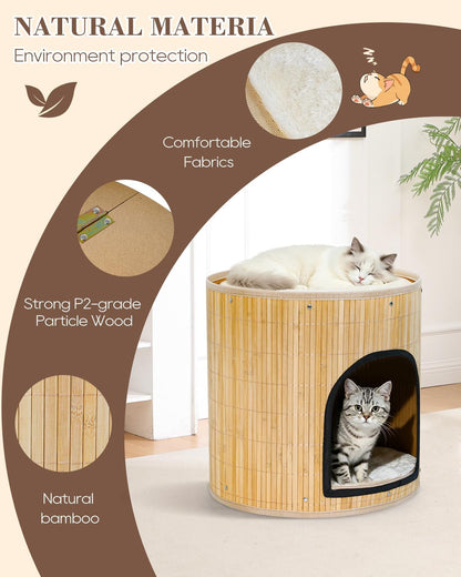 SYANDLVY Large Cat House, Kitten Condo with Bed for Indoor Cats, Portable ﻿ | 2-Tier Foldable Natural Bamboo Cave with Double-Sided Cushion, 15.5"X15.7" Washable Kitten Hideout3