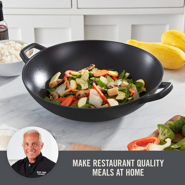 Zakarian by  14” Cast Iron Wok for Restaurant Quality Stir Fry, Seafood, Deep Frying, and Steaming - Black2