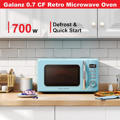 GLCMKZ07BER07 Retro Countertop Microwave Oven with Auto Cook & Reheat, Defrost, Quick Start Functions, Easy Clean with Glass Turntable, Pull Handle.7 Cu Ft, Blue & Keurig K-Mini3