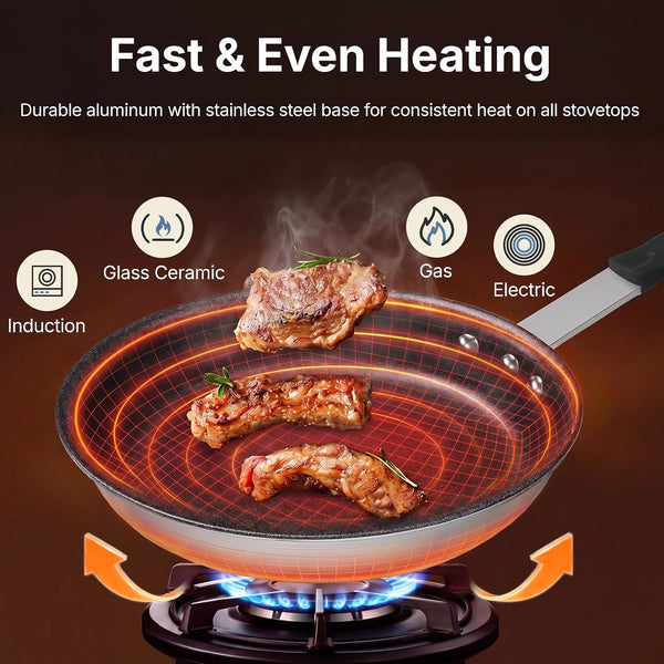 8 Inch Nonstick Frying Pan, Heavy-Gauge Aluminum Skillet with Ceramic Nonstick Coating, Stainless Steel Base & Handle, Omelet Pan for Induction, Electric, Gas, PFAS Free, Oven Safe, Black Handle3