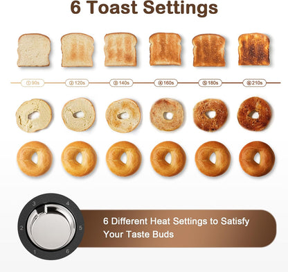 Toaster 2 Slice Stainless Steel Body, Timer, Bagel, Defrost, Reheat, Cancel Functions, Warming Rack, Removable Tray, 6 Browning Settings, Extra Wide Slots, Bread Toaster, 120V 800W Black3