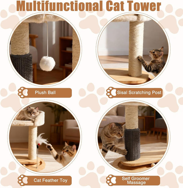 Small Wooden Cat Tree for Kittens and Small Cats, 6-In-1 Cat Tower for Indoor Cats with Bed, Sisal Scratching Post, Self-Grooming Brush, Ball Track, Plush Ball and Feather Toy, 16.5" H4