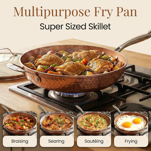 Hammered Copper 14 Inch Non Stick Frying Pan with Lid, Nonstick Frying Pan with Ceramic Coating and Induction Plate for Even Heating, Oven / Dishwasher Safe, 100% Healthy & Non Toxic | Extra Large Skillet, Induction Compatible, PFOA/PFOS/PTFE Free Ceramic Coating, Stay-Cool Handle, Oven & Dishwasher Safe3