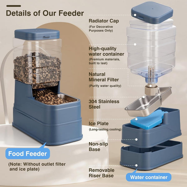 2 Pack Automatic Cat Feeder and Water Dispenser 1.3Gallon Dog Gravity Food Feeder and Water with Ice Pack Stainless Steel Dry Food and Waterer Bowl for Small Medium Large Pets (Blue)3