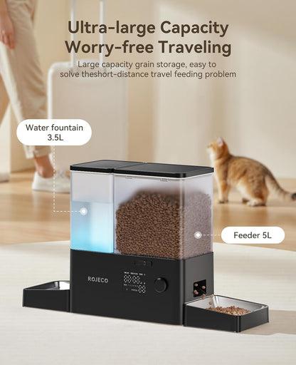 Rojeco 36Cups/8.5L Pet Automatic Cat Feeder and Gravity Water Dispenser,Stainless Steel Bowls 2-In-1 Set Large Capacity 5L Food Feeder and 3.5L Water Fountain for Cats,Pets,Small Dogs,Black6