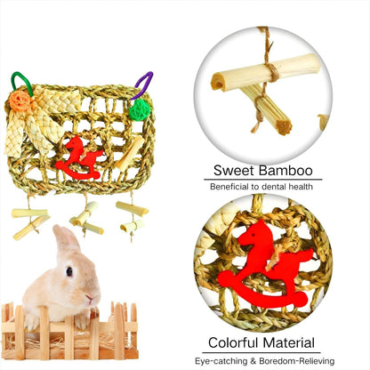 Rabbits Chew Toy,Bunny Cage Hanging Chew Toys and Treats,Grass with Sweet Bamboo for Guinea Pigs Chinchillas Hamsters Rats8