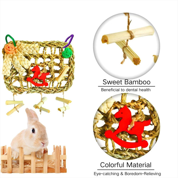 Rabbits Chew Toy,Bunny Cage Hanging Chew Toys and Treats,Grass with Sweet Bamboo for Guinea Pigs Chinchillas Hamsters Rats8