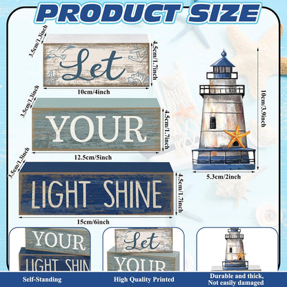 4 Pcs Lighthouse Coastal Decor Wooden Block Signs Rustic | Bathroom Tabletop Decoration for Home, Lighthouse Topper Tiered Display, Let Your Light Shine Phrase Wood Stacking Blocks3