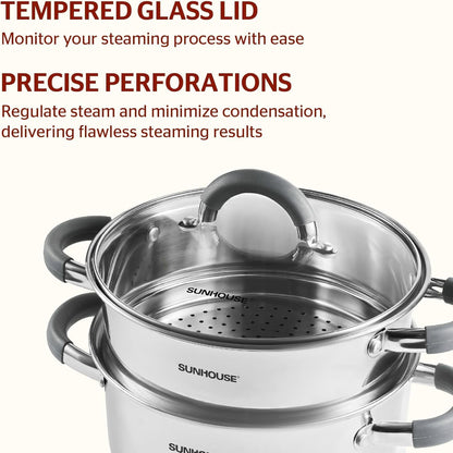 : 3 Quart Stainless Steel Steamer Pot - 2-Tier Cookware, Tempered Glass Lid, Stay-Cool Silicone Handles, 3-Ply Bottom, Dishwasher & Oven Safe | Steaming Pot with Glass Lid & Steamer Basket7