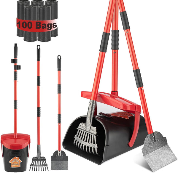 HUZSV Dog Pooper Scooper with Bag Attachment&Swivel Bin | Heavy Duty Metal Rake and Spade Set,Non-Breakable Poop Scoop for Large & Small Dogs ,100 Waste Bags for Grass, Dirt & Gravel1