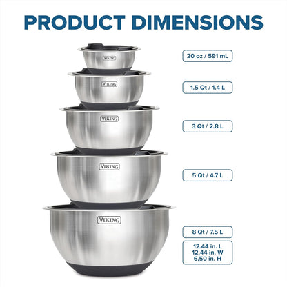 Viking Mixing Bowls Set, 10 Piece Stainless Steel Kitchen Cookware, Non-Slip Silicone Base, Includes Tight Fit Lids, Dishwasher Safe, Black5