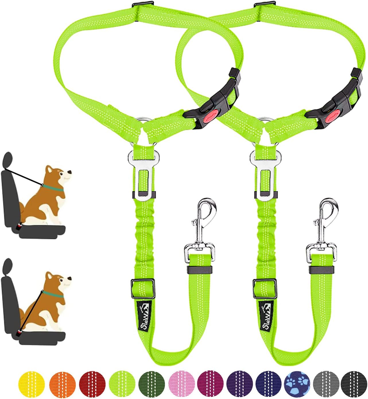 slowton-dog-seat-belt-for-car-2-pack-dog-car-harness-seatbelt-adjustable-with-elastic-bungee-buffer-2-in-1-pet-car-leash-headrest-restraint-dog-reflective-safety-tether-black-headrest-clip