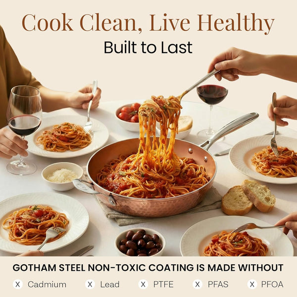 Hammered Copper 14 Inch Non Stick Frying Pan with Lid, Nonstick Frying Pan with Ceramic Coating and Induction Plate for Even Heating, Oven / Dishwasher Safe, 100% Healthy & Non Toxic | Extra Large Skillet, Induction Compatible, PFOA/PFOS/PTFE Free Ceramic Coating, Stay-Cool Handle, Oven & Dishwasher Safe7