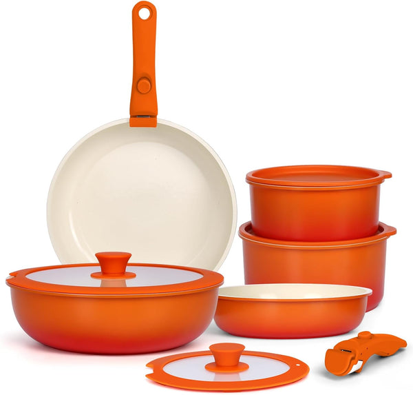 11Pcs Pots and Pans Set Non Stick, Nonstick Cookware Set Detachable Handle, Ceramic Pots for Cooking Non Stick with Removable Handle, RV Cookware Set for All Stoves, Orange Gradient1