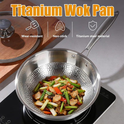 Titanium Hammered Wok Pan with Lid, Pure Titanium Pans for Cooking, No Coating Non-Stick Flat Bottom Wok, Ultra-Durable, Scratch-Resistant, Compatible with All Cooktops,12.6In3