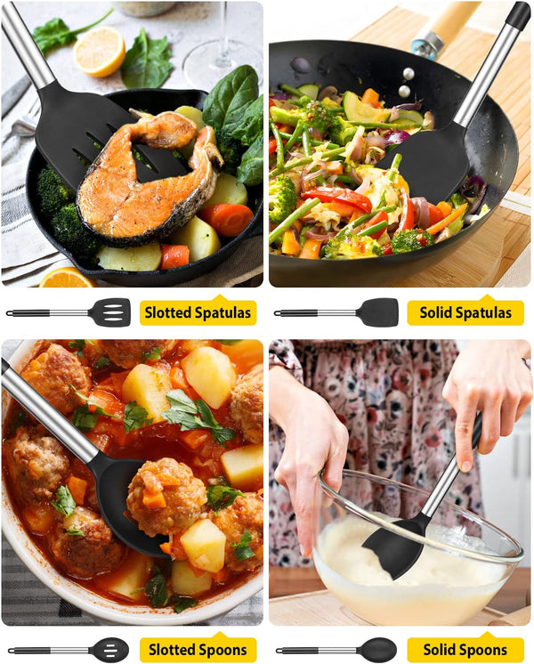Pack of 4 Silicone Cooking Utensils Set, Non Stick Large Solid Spatulas, Heat Resistant Black Slotted Spoons, Ideal BPA Free Kitchen Turners for Frying, Mixing,Serving,Draining,Turning,Stirring3