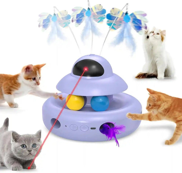 MOHAYA Cat Toys，4-In-1 Interactive Cat Toy for Indoor Cats with Laser, Fluttering Butterfly, Moving Feather and Track Balls - USB Rechargeable Self-Play Kitten Toy (White)8