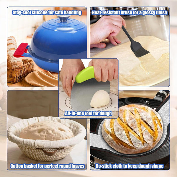 6QT Enameled Cast Iron Dutch Oven for Bread Baking – Sourdough Starter Kit with Cotton Basket, Bread Sling, Lame, Brush & Handle Cover – Multi-Purpose Pot for Baking, Frying, Braising – Blue7