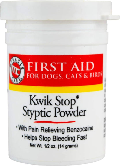 Miracle Care Kwik Stop Styptic Powder for Dogs, Cats, and Birds, 0.5 Ounce | Fast Acting Blood Stop Powder with Pain Relieving Benzocaine, for Nail & Claw Clipping, Wing Trimming, or Minor Cuts1