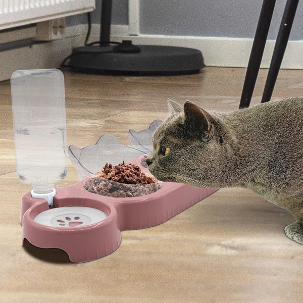 Triple Cat Bowls,15°Tilt 3-In-1 Water Feeder Bowls Cat Double Food Bowls with Automatic Water Bottle Bowl, Whisker Friendly Wet and Dry Cat Elevated Feeding Dishes for Small Cat and Puppy (Pink)7