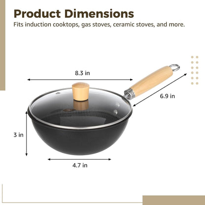 Small Wok with Lid, Mini Wok, 8" Non-Stick Mini Frying Pan, Compact, Coating-Less, Cast Iron Wok with Wooden Handle, Compatible with Induction, Gas, Ceramic Stove5