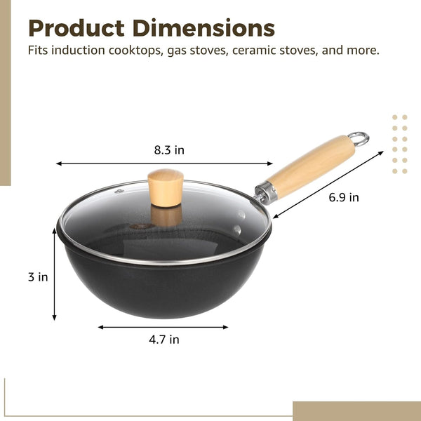 Small Wok with Lid, Mini Wok, 8" Non-Stick Mini Frying Pan, Compact, Coating-Less, Cast Iron Wok with Wooden Handle, Compatible with Induction, Gas, Ceramic Stove5