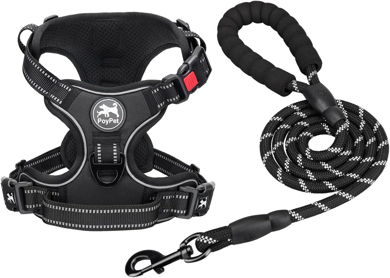 poypet-no-pull-dog-harness-and-5-feet-leash-set-release-on-neck-reflective-adjustable-pet-vest-front-back-2-d-ring-and-soft-padded-pet-harness-with-handle-for-small-to-large-dogsgrey-l