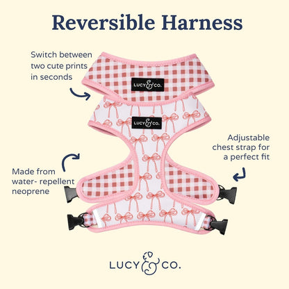 Lucy & Co. Reversible Dog Harness - Water-Repellent Neoprene, Dual-Print Design, Easy Swap Style, Adjustable Comfort Fit - Take a Bow Reversible Harness - Small2
