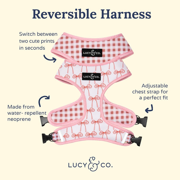 Lucy & Co. Reversible Dog Harness - Water-Repellent Neoprene, Dual-Print Design, Easy Swap Style, Adjustable Comfort Fit - Take a Bow Reversible Harness - Small2