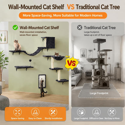 Cat Wall Shelves, Space-Saving Wall-Mounted Cat Climbing Set for Large Cats | Multi-Level Climbing System, Wall Furniture, Bed, Steps, Hammock, Wall Scratcher, Indoor Cat 40 Lbs Small Place Corner Room6