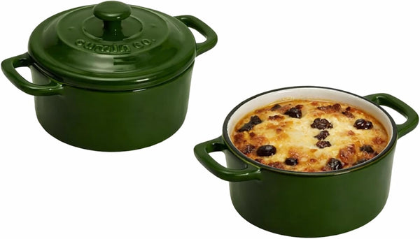 Stoneware Mini Cocotte Set of 2 with Lids – Non Toxic Ceramic Bakeware for Soufflé, Lava Cake, Crème Brûlée & Individual Servings – Oven, Microwave & Dishwasher Safe (Color: Green, 8 Oz)1