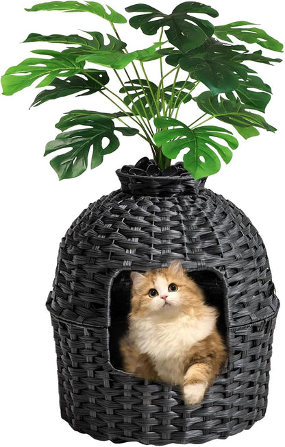SETVSON Cat Litter Box Plant Furniture Enclosure, Rattan PE House, Natural | Decorative Planter Design, Removable Top for Easy Cleaning, Includes Artificial Plants, Real Stones, 20 X 20 Inches11