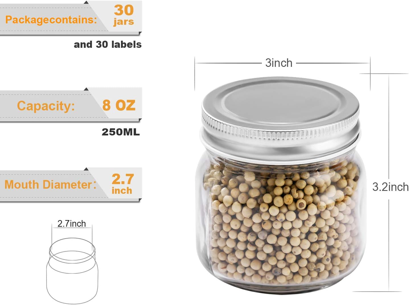 mason-jars-8-oz-30-pack-small-glass-caning-jars-with-silver-lids-1-4-quart-canning-jars-regular-mouth-with-20-labels-1-pen-for-food-storage-meal-prep-jelly-jam-honey-pickles-spice-glass-jars